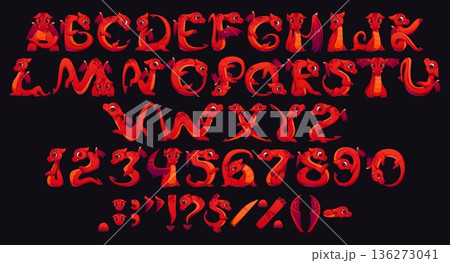 Red dragon font, cartoon kids reptile characters typeface, cute animal abc type, children english alphabet set. Vector typography fairytale font letters and numbers of funny red baby dragon characters 136273041