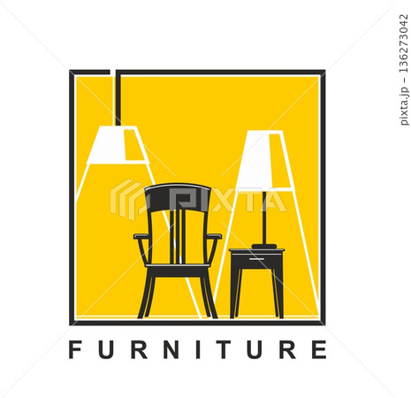 Home interior decor and furniture vector icon. Classic wooden chair, bedside table stands between pendant lamps inside a yellow rectangular frame. Interior design, furniture, home decor store icon 136273042