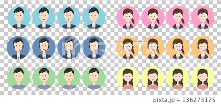 Icon set of facial expressions of men and women in suits Icon set of facial expressions of men and women in suits 136273175