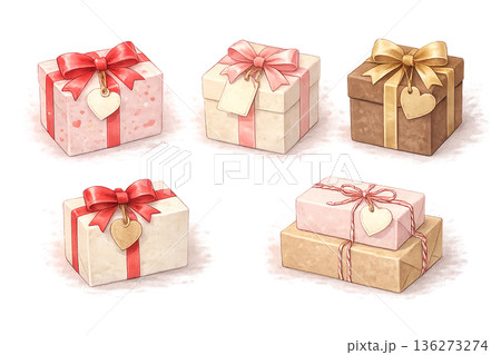 バレンタイン向け ギフトボックス5種セット 水彩画風 イラスト素材 136273274