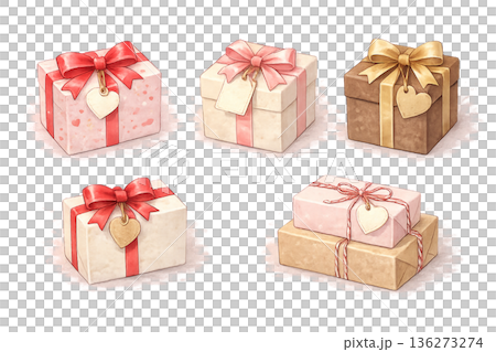 バレンタイン向け ギフトボックス5種セット 水彩画風 イラスト素材 136273274