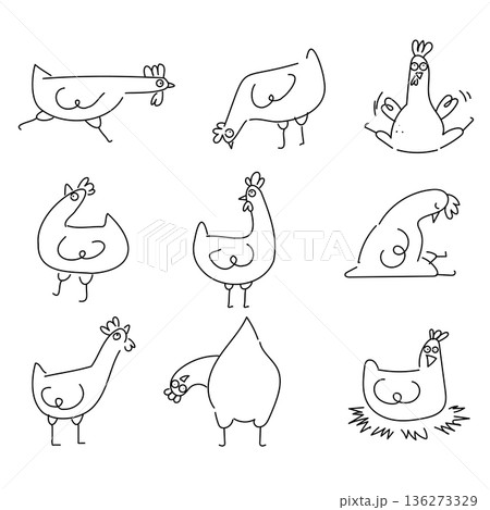 A set of cute line art chicken, each in its own pose and mood. Doodle bird collection 136273329