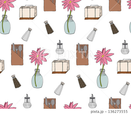 Cafe seamless pattern. hand drawn illustration. Vector graphic line ink colored art. Tasty food illustration for restaurant and cafe interior, veggie market drawing print, fabric, background. 136273555