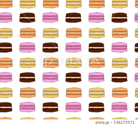 French macarons on white background Cafe seamless pattern. hand drawn illustration. Vector graphic line ink colored art. For poster, flyer, banner, invitation, social media, party or sale 136273571