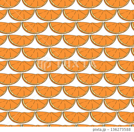 Sliced freshness citrus fruit background. Cafe seamless pattern. hand drawn illustration. Vector graphic line ink colored art. Repeating Texture. Design for package, cosmetic, textile, cards. 136273588