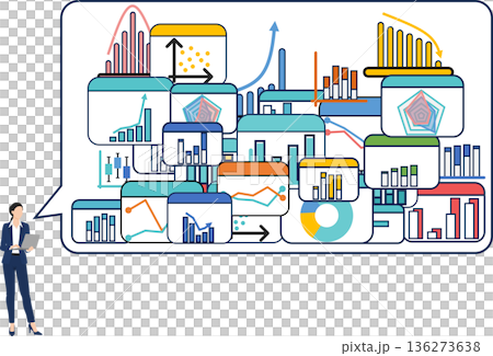 Illustration of a businesswoman analyzing data Illustration of a businesswoman analyzing data 136273638