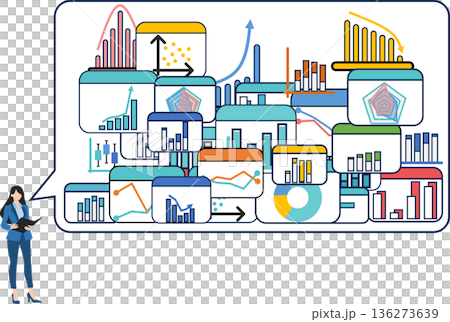 Illustration of a businesswoman analyzing data 136273639