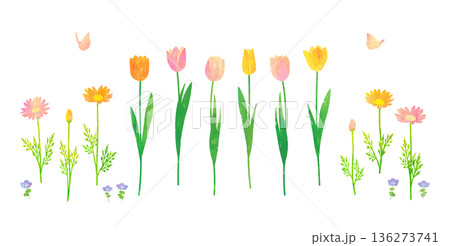 春の花々のイラスト 水彩絵の具、パステル、コラージュの手描き風 春の花々のイラスト 水彩絵の具、パステル、コラージュの手描き風 136273741