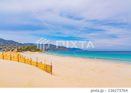 (静岡県)冬の伊豆・白浜海岸、ビーチ、砂防柵 (静岡県)冬の伊豆・白浜海岸、ビーチ、砂防柵 136273764