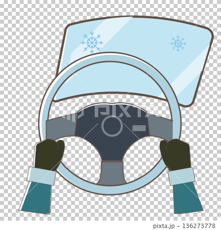 Illustration of a winter car interior with fogged up windows and a steering wheel 136273778