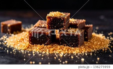 深い黒色が美しい黒糖キューブ素材 136273959