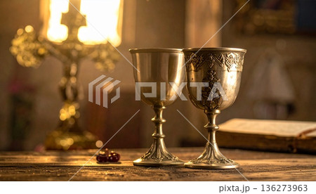 教会の光に照らされる儀式用の杯/ゴブレット 136273963