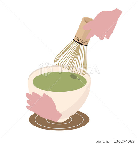 お茶を点てる。茶道。お抹茶を作る。ベクターイラスト 136274065