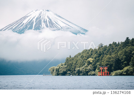 Mount Fuji and a torii gate on Lake Ashi, Japan. Iconic scenery for tourism 136274108