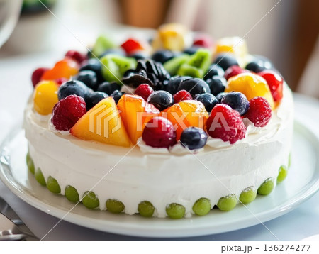 Delicious Homemade Fruit Cake Topped with Fresh Berries and Seasonal Fruits	 136274277