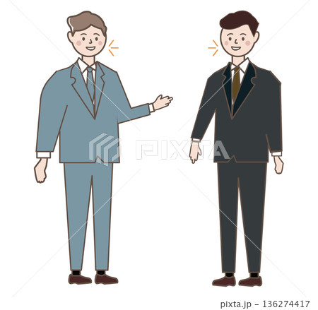 笑顔で話す男性会社員の対話・コミュニケーションのイラスト。2人のビジネスマンの打ち合わせ・商談のイラ 笑顔で話す男性会社員の対話・コミュニケーションのイラスト。2人のビジネスマンの打ち合わせ・商談のイラ 136274417