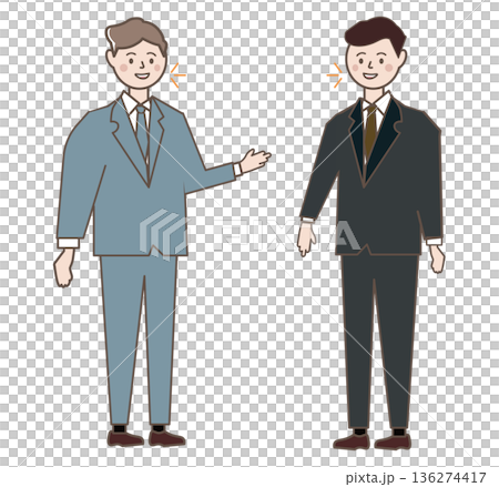 描繪兩位面帶微笑的男上班族交談交流的插圖。描繪兩位商人會面洽談的插圖。 136274417