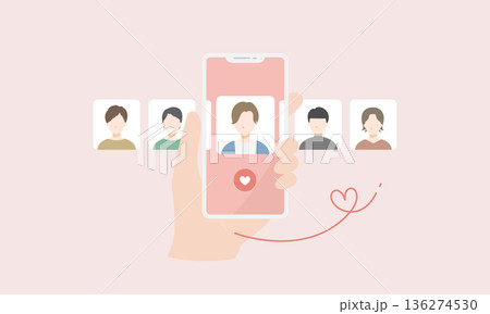 スマホのマッチングアプリで運命の男性を探すベクターイラスト。出会い・婚活・恋愛。 スマホのマッチングアプリで運命の男性を探すベクターイラスト。出会い・婚活・恋愛。 136274530