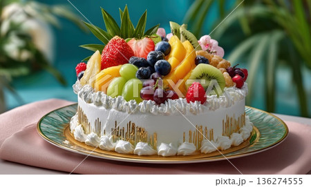 Delicious Homemade Fruit Cake Topped with Fresh Berries and Seasonal Fruits	 136274555