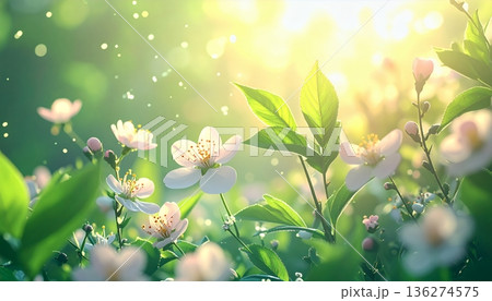 朝日を浴びて輝く白い小花と新緑のボケ背景 朝日を浴びて輝く白い小花と新緑のボケ背景 136274575