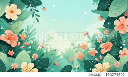 春の花と緑に囲まれたパステル調フラット背景イラスト 春の花と緑に囲まれたパステル調フラット背景イラスト 136274592