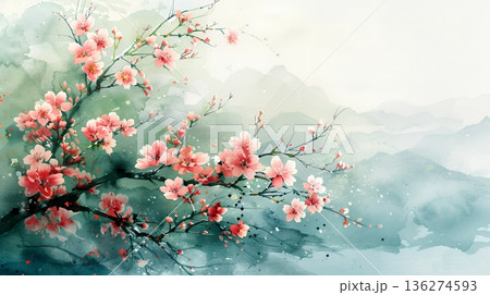 水彩で描く春の桜と霞む山並みの和風背景 136274593