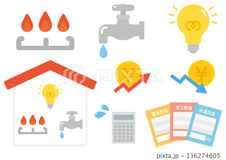 ライフラインのイラストセット、電気ガス水道のイラストセット ライフラインのイラストセット、電気ガス水道のイラストセット 136274605