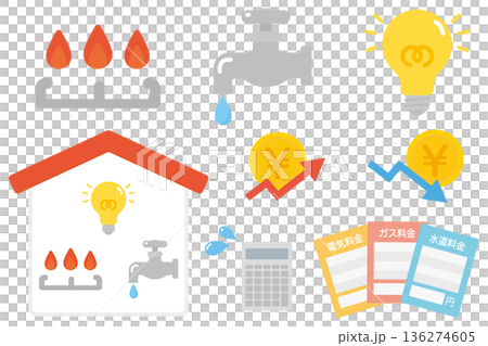 ライフラインのイラストセット、電気ガス水道のイラストセット ライフラインのイラストセット、電気ガス水道のイラストセット 136274605
