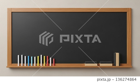 チョークと黒板消しが並ぶ空白の黒板素材 チョークと黒板消しが並ぶ空白の黒板素材 136274864