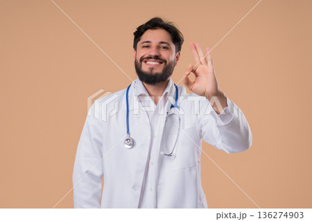 Positive Doctor Man With Ok, Okay Hand Sign Gesture. Happy Medical, Physician 136274903