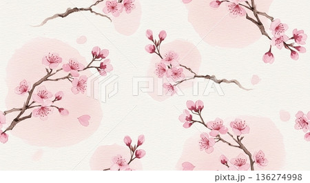 水彩風の桜枝と花が広がる和風背景素材 136274998