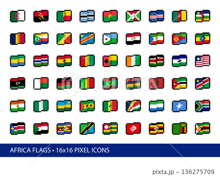 Africa Flags Pixel Art Icons 16x16. Vector Set of 50+ stylized, simplified, abstract pixel interpretations of flag designs in common use as of 2026. 136275709