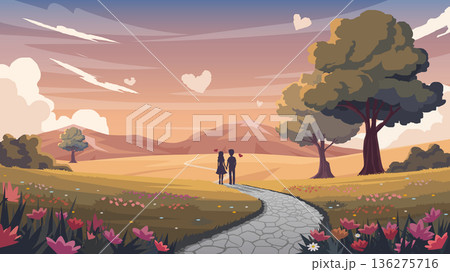 Romantic silhouette couple holding hands walking on a stone path. Through a flower field at sunset with heart shaped clouds and mountains Valentines Day concept. for banner background. Romantic silhouette couple holding hands walking on a stone path. Through a flower field at sunset with heart shaped clouds and mountains Valentines Day concept. for banner background. 136275716