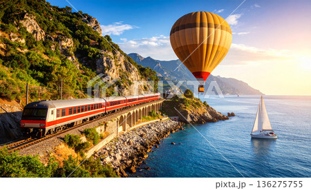 Scenic travel with hot air balloon, train, and sailboat. Summer scenery of beautiful lake. AI Generated. 136275755
