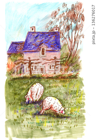 Illustration of Sheep Grazing Near a Cottage 136276017