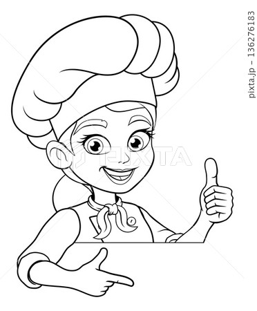 Happy Cartoon Chef Woman Pointing with Thumbs Up 136276183