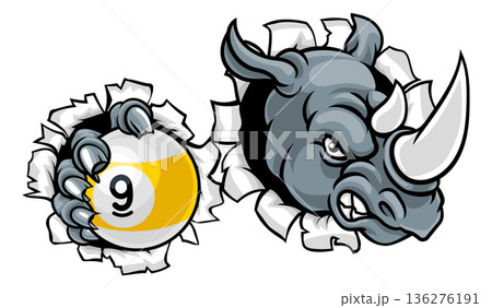 Rhino and 9 Ball Nine Ball Pool Cartoon Mascot Rhino and 9 Ball Nine Ball Pool Cartoon Mascot 136276191
