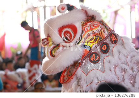 chinese cantonese lion dancing in Hong Kong, Yuen long	 136276289