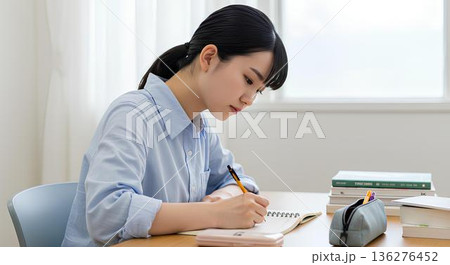 自宅の机でノートを書く女子高校生。集中して学習に取り組む受験期の日常 自宅の机でノートを書く女子高校生。集中して学習に取り組む受験期の日常 136276452