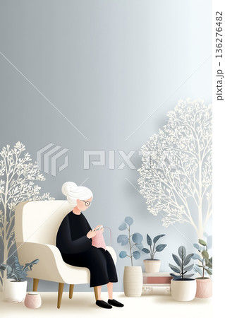 美優シリーズ：自宅で編み物を楽しむシニア女性の日常フラットイラスト素材 136276482