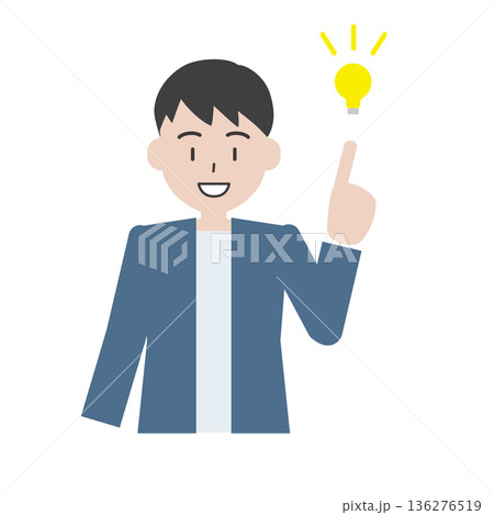 電球でひらめく男性のシンプル人物イラスト（アイデア・発想） 136276519