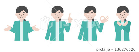 判断・選択のポーズをする女性のイラスト4種セット（案内・提案・OK・NG） 136276526