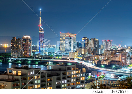 Fukuoka tower and light trail on express way at night from Atago shrine 136276579
