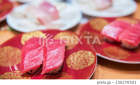 Nigiri or tuna sushi on plate in Japanese restaurant, Fukuoka 136276581