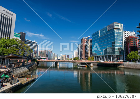 cruise sailing along Naka River through bridge and Fukuoka city cruise sailing along Naka River through bridge and Fukuoka city 136276587