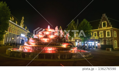 Fountain illuminated at night in Huis Ten Bosch, Nagasaki, Japan 136276590