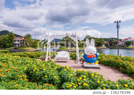 Miffy statue by swing chair at garden of Huis Ten Bosch, Nagasaki 136276596