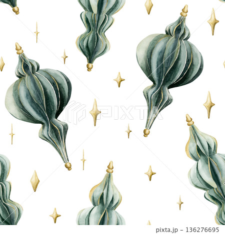 Hanging decorations turquoise sage blue green paper or wooden lanterns seamless pattern. Watercolor hand painted illustration isolated on white background for Ramadan design Muslim holiday Eid Mubarak 136276695
