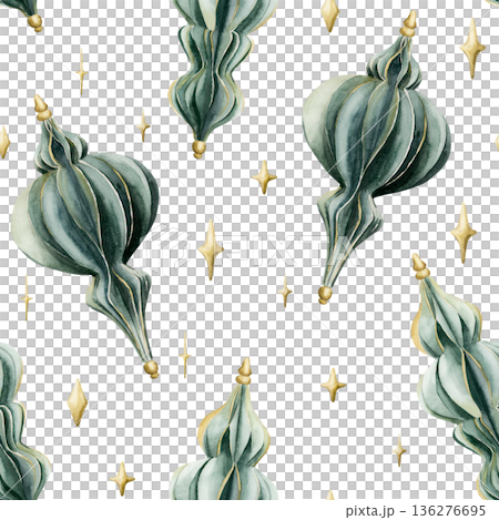 Hanging decorations turquoise sage blue green paper or wooden lanterns seamless pattern. Watercolor hand painted illustration isolated on white background for Ramadan design Muslim holiday Eid Mubarak 136276695