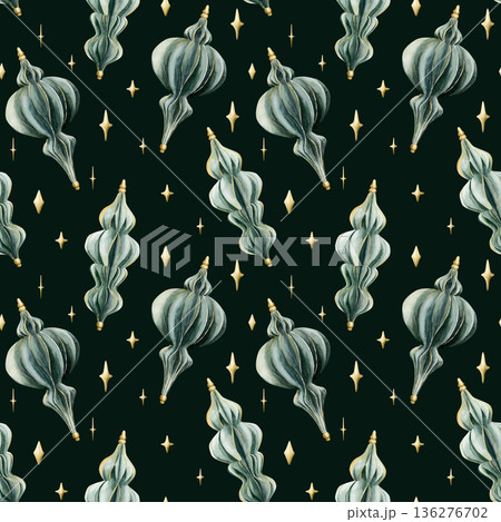 Hanging decorations turquoise sage blue green paper or wooden lanterns seamless pattern. Watercolor hand painted illustration isolated on dark background for Ramadan design Muslim holiday Eid Mubarak 136276702